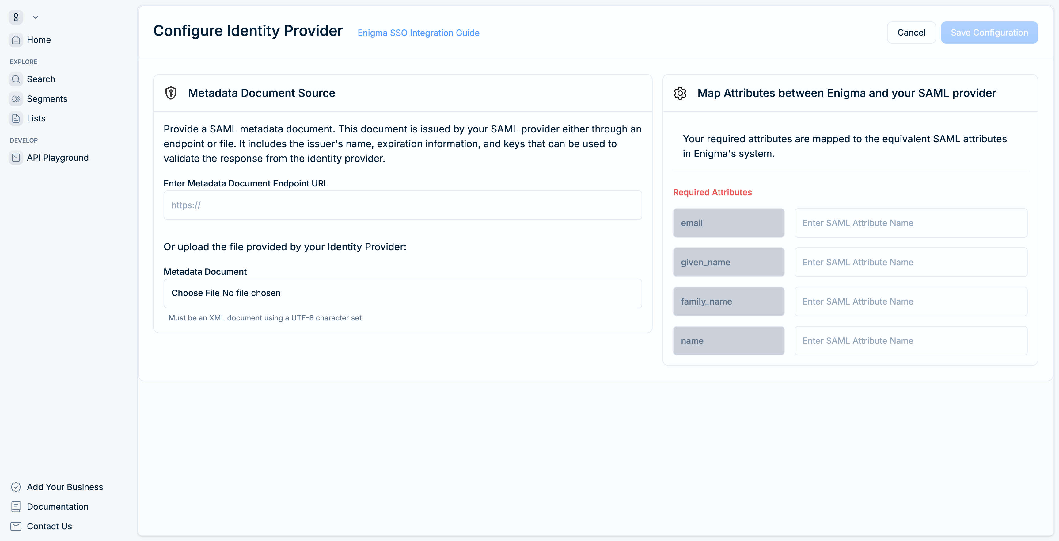 SSO configuration form